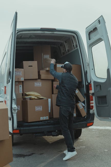 Two movers from Man with Van Streatham are engaged in a home relocation process, transferring a cardboard box onto a two-wheeled trolley near the open rear doors of a white cargo van. The interior of